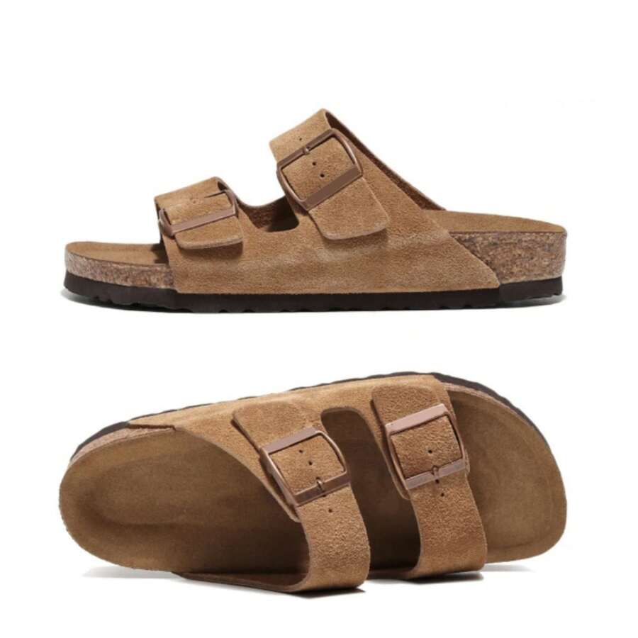 Women Sandals Slip On Comfortable Adjustable Buckle Cork Footbed Easy Wear - Nâu nhạt - Xem 1