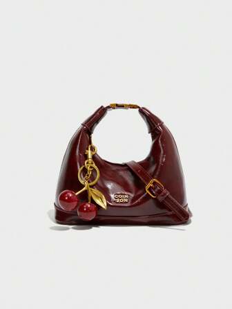 New Fashion Joker Solid Color Pu Waterproof Fabric, Letter Pattern Decoration Design, Zipper Opening And Closing, Handbags, Square Bags, Burgundy Bags, With Pendant Decoration Design, Can Be Slung, Suitable For Shopping., Fashionable Burgundy Bag