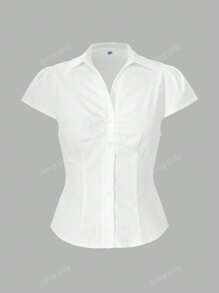 Sunny Girly Summer Women's Y2K College Style Graduation Season Button Design Lapel Casual Cute Pleated Slim Short-Sleeved Shirt Top