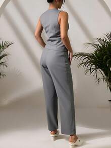 Zalla Women's Short Vest And Tailored Pants Set With Buttons, Formal And Elegant - 深灰色 - 查看 2