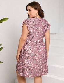 Womens Plus Size Casual Tunic Shift Dress V Neck Loose Swing Ruffle Summer Boho Midi Dress With Pockets - Màu Hồng  San hô - Xem 6