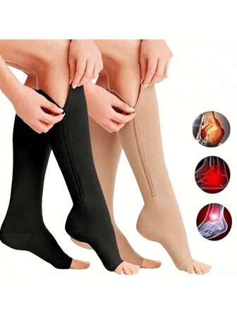 Chaussettes de compression sans orteils pour femmes de sport en extérieur - Chaussettes hautes de soutien 20-30 mmHg, chaussettes hautes avec zip latéral, design d'orteil ouvert pour le confort et la respirabilité