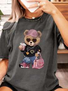 قميص تي شيرت أنيق مطبوع بياقة مستديرة بأكمام قصيرة للفتيات المراهقات، مصمم للطلاب في فصل الصيف والأطفال الصغار، تي شيرت به طبعات من الحقائب والدبدوب يحفز الخيال والتعبير عن الذات! ملابس أطفال للفتيات، تيشرتات مطبوعة للصيف ملابس المراهقات