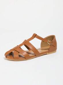 Nuevas sandalias romanas planas para mujer para exteriores, sandalias de mujer con decoración metálica en marrón, de punta redonda, de suela gruesa antideslizante, de varios tamaños, sandalias casuales, de paseo, de fiesta, bohemias y elegantes con hebilla para mujer