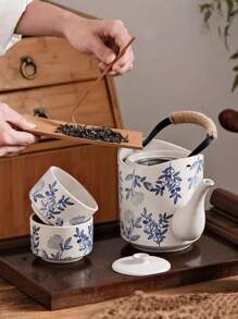 1 Set de tetera con taza de té de estilo japonés, con capacidad grande y asa con diseño floral, juego de té de porcelana blanca gruesa y vintage con filtro, tetera de cerveza de restaurante, de vuelta a la escuela