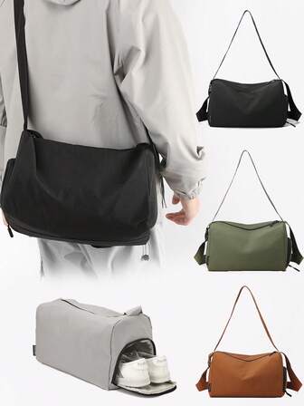 Bolso de lona impermeable para hombres, con compartimento independiente para zapatos, bolso de hombro de gran capacidad en color negro sólido, bolso cruzado, bolso de equipaje multifuncional, práctico para escuela, adolescentes, estudiantes universitarios, vuelta al colegio, vacaciones, viajes