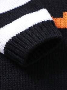 Baby Sweater Romper Striped Long Sleeve Round Neck Pumpkin Face Print Bodysuit Infant Halloween Outfit - Black - View 9