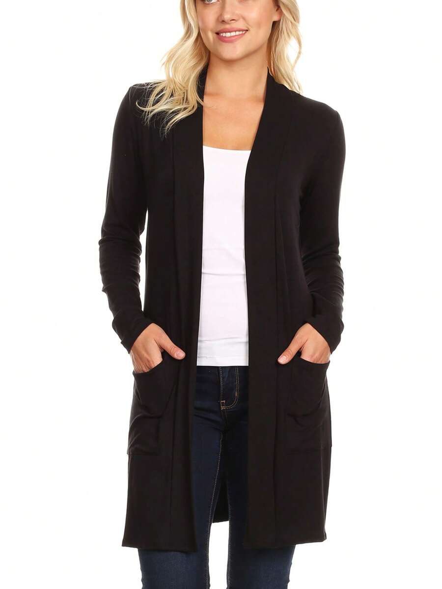 Classic Open Front Long Sleeve Cardigan With Side Pockets  Plain  Casual    Pocket      Daily - màu đen - Xem 1