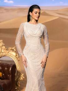 Faeriesty Haute Glamour Gorgeous Beaded Mermaid Evening Gown With Sheer Long Sleeves & Cascading Arc Pearl Chain For Luxury Evening Galas & Glamorous Banquet Debut