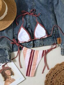 2 件套女士新款时尚露背比基尼套装，碎花金属装饰泳装 - 咖啡棕 - 查看 2