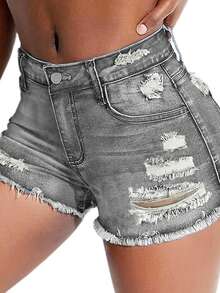 Mid-Waist Skinny Stretch Shorts - Distressed Frayed Hem, Showcasing Fashionable Style - Light Grey - View 6