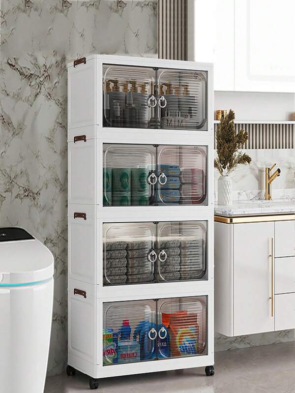 1 pièce Armoire de rangement pliante de 38 cm de large, 1-5 niveaux en option, armoire à double porte renforcée avec roulettes, étagère de rangement non assemblée pour la maison, pour ranger les vêtements et jouets des enfants, armoire de rangement pliante en plastique