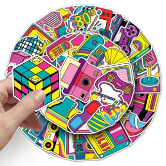 50pcs/Pack 80s Retro Romantic Aesthetic Stickers, Cute Cartoon Interesting Aesthetic Label Stickers For Scrapbooking, Self-Adhesive Stationery, Cards, Envelopes, Guitars, Musical Instruments Decor, Gift Idea For Teenager, Party Supplies, Reward & Motivation Stickers, Suitable For Winter, New Year
