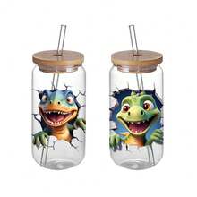 8pcs/Set Cute Dinosaur Theme UV DTF Cup Wraps Decals, Transfer Adhesive Stickers For Mug Water Bottle Cup, DTF Transfer Paper For 16 OZ Glass Can Wraps, DIY Crafts-High Quality - Multicolor - View 3