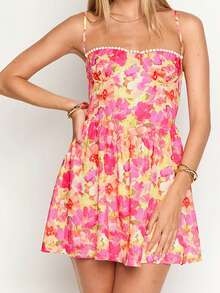 Women Mini Dress Floral Print Spaghetti Strap Cami Dress Summer Fashion Sleeveless Casual Dress - 花色 - 查看 4