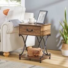 VECELO Set Of 2 Industrial Nightstand With X-Design Frame - Drawer End Table For Bedroom Living Room, 23.6" Retro Side Table,Brown - 棕色 - 查看 4