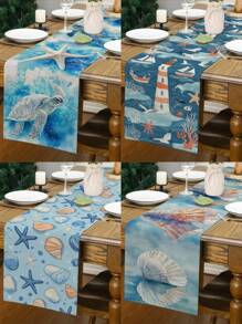 1pc Ocean Theme Turtle, Shell, Coral, Lighthouse Printed Table Runner, Kitchen Dining Room Decor, Holiday Decorative Table Runner, Home Party Decor, Home Decor, Scenic Decor, Outdoor Dining Table, Coffee Table Decorative Flag
