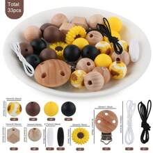 33pcs Silicone Round Bead Printing Round Bead Daisy Wood Clip Round Bead Polyhedral Bead DIY Handmade Bracelet Necklace Plastic Pen String Key Bag Phone Chain Car Decoration Craft Supplies