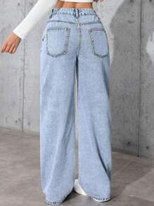 Teen Girls' Fashionable Versatile Solid Color Pocketed Denim Wide Leg Pants