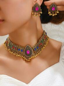 1pc Peacock Wing Crystal Teardrop Necklace And 1 Pair Vintage Drop Pearl Earrings, Exaggerated Women Jewelry Set - Bronze - View 2