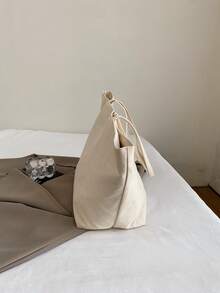 Letter Pattern Large Capacity Canvas Tote Bag, Fashion Handbag For Women, Casual Commuter Shoulder Bag. Minimalist Lightweight Large Capacity Ladies Shoulder Bag, College Student School Bag. Retro Tote Bag Shoulder Crossbody Bag For Women. Fashion New Solid Color Minimalist Tote Bag, Large Capacity Work/Study Bag, Versatile And Refined - Beige - View 8