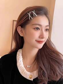 2pcs Silver Color Rhinestone X-Shape Hair Clip, Minimalist Design Hair Accessory, Suitable For Bangs & Flyaway Hair