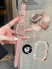 2-teiliges Damen-Uhrenarmband + Uhrengehäuse-Kombi-Set, roségoldfarbenes Schmetterlings-Strass-Lederarmband + funkelndes Kristall-PC-Gehäuse, kompatibel mit Apple Watch 38/40/41/42 (S10)/44/45/49/46 mm, Lässig armband und Schutzhülle, passend für Series S10/Ultra Se/9/8/7/6/5/4/3/2/1, weiches und bequemes Leder mit Schleifendesign, Damen-Uhrenzubehör, Apple Watchband
