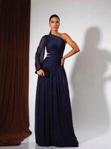 Long Dress For Bridesmaids Wedding Graduation One Sleeve Elegant - Azul marino con brillo - Ver 4
