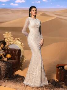 Faeriesty Haute Glamour Gorgeous Beaded Mermaid Evening Gown With Sheer Long Sleeves & Cascading Arc Pearl Chain For Luxury Evening Galas & Glamorous Banquet Debut