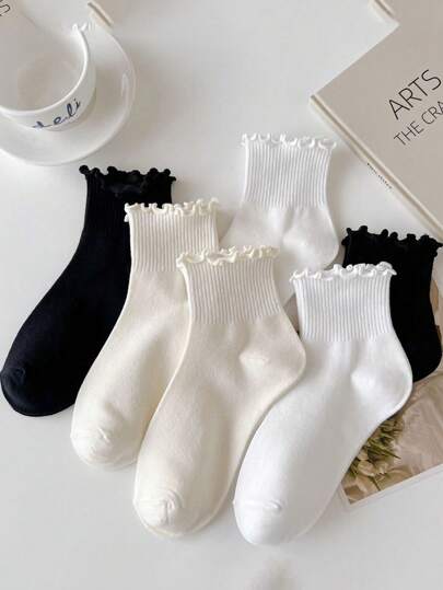 1 Pair/3 Pairs/6 Pairs Thin Cuffed Ankle Socks, Cute Fresh Ruffle Edge Socks For Women, Spring & Autumn