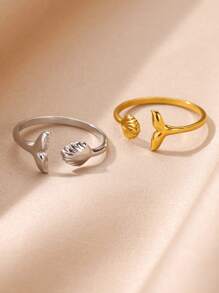 1Pc Dainty Sea Shell Fishtail Ring For Women, Shell Ring, Whale Tail Ring, 18K Gold-Plated Stainless Steel Open Adjustable Ring, Summer Beach Vacation Style Jewelry Fashion Accessories