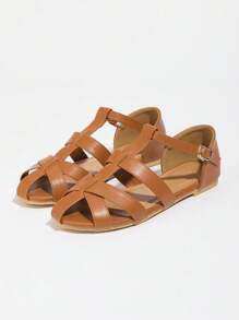 Nuevas sandalias romanas planas para mujer para exteriores, sandalias de mujer con decoración metálica en marrón, de punta redonda, de suela gruesa antideslizante, de varios tamaños, sandalias casuales, de paseo, de fiesta, bohemias y elegantes con hebilla para mujer