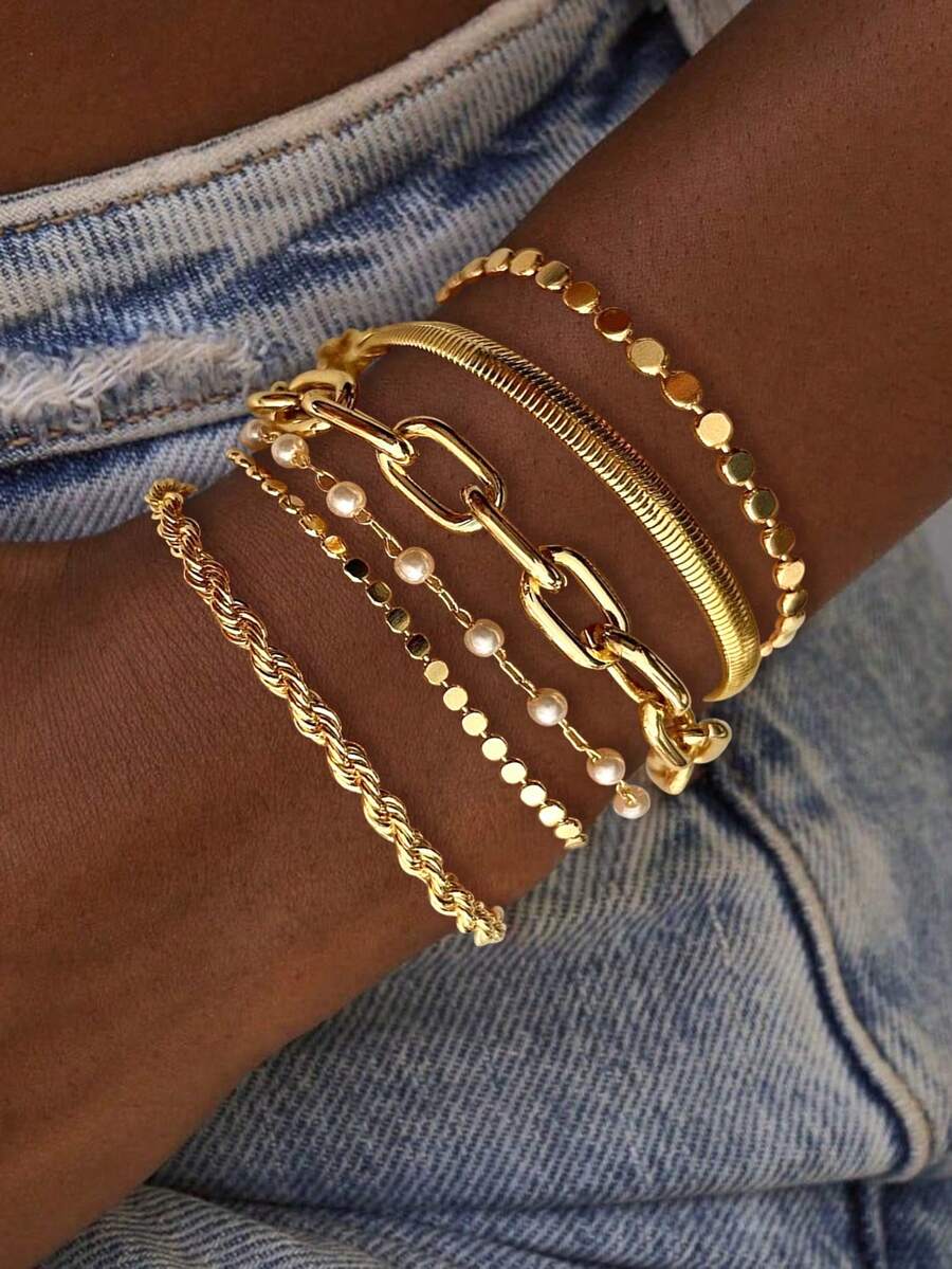 6/11/12pcs Set Faux Pearl, Snake Chain, Twisted Chain, Smooth Round Disc, Rhinestone Bling Bling Curvy Chain, Wide Chunky Metal Bracelet, Fashion Elegant Vintage Design, Suitable For Holiday, Party, Date, Gift, Daily Wear - Yellow Gold - View 1