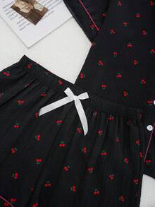 Bộ 2 áo khoác cardigan cổ nơ họa tiết quả anh đào cỡ lớn cho nữ, có túi và quần short, mặc ở nhà/đồ ngủ thoải mái, thường ngày - màu đen - Xem 5