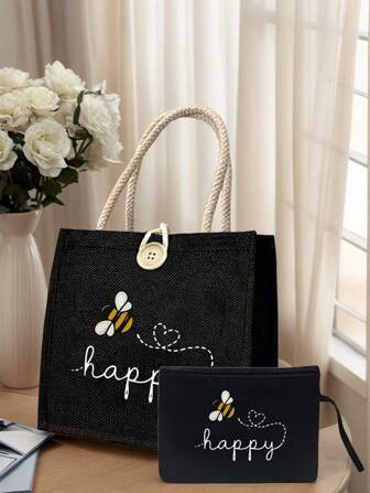 Women's Multifunctional Tote Bag With Small Cosmetic Bag - Cute Bee & Heart Patterns, Big Bag Plus Small Bag, Linen Material, Perfect For Birthdays, Beaches, Holidays, Teacher's Day Gifts, Lightweight & Portable Storage Solution, Multifunctional Design For Daily Use, Work, Travel, Nurse, Doctor, Teacher Appreciation,Mother's Day Gifts,Back To School Gifts