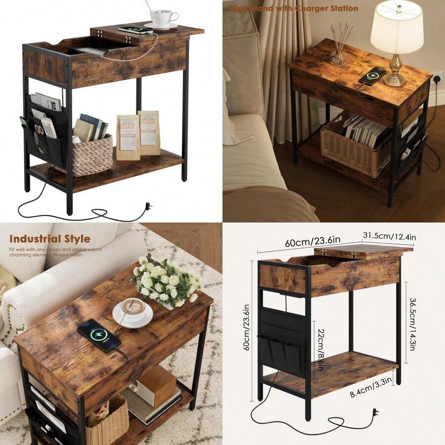 Side Table With Charging Station Narrow End Table With USB Ports Outlets Fabric Bags Storage Shelf Narrow Bedside Table For Small Rooms Bedroom Living Room Easy Assembly Rustic Brown - RusticBrown - View 1