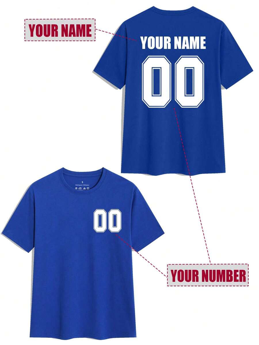 Customized Men's T-Shirt, Personalized Numeric Customization, Upload Your Personalized Text And Numbers, Personalized Customized Numeric Text Name Printed On Front And Back Of Shirt, Men's Round Neck Short Sleeve T-Shirt, Black, Name/Blessing Customization, Birthday/Father's Day/Valentine's Day/Party Anniversary Customization, Spring/Summer Sportswear, Valentine's Day Holiday Gift, Birthday Gift, Spring/Summer Top, Summer Men's Short Sleeve T-Shirt - Royal Blue - View 1
