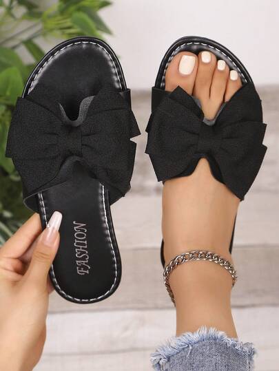 Wide Fit Women Plus Size Oversized Bow Flower Anti-Slip Flat Round Toe Leather Sandals, Brown, Suitable For Home, Gathering, Vacation, Spring/Summer