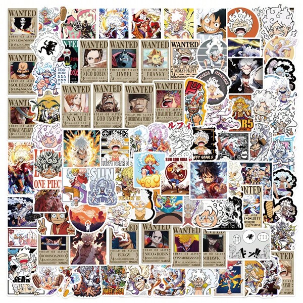 ONE PIECE 100PCS Cool Anime Gear 5 One Piece Stickers Waterproof Decoration Decals DIY Phone Laptop Skateboard Suitcase Luggage Cartoon Stickers Pack Kid Toy, School Supplies, Back To School