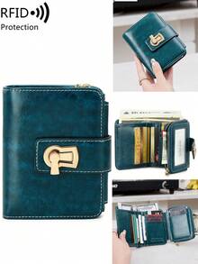 MIYIN 复古油蜡女士钱包，RFID 防盗短款三折钱包，带信用卡夹层，时尚按扣零钱包带拉链口袋，商务休闲，教师节礼物，周年纪念日礼物，生日礼物，女士钱包，白领女士钱包，钱包，小钱包，RFID 防盗钱包 - 水鴨藍 - 查看 2