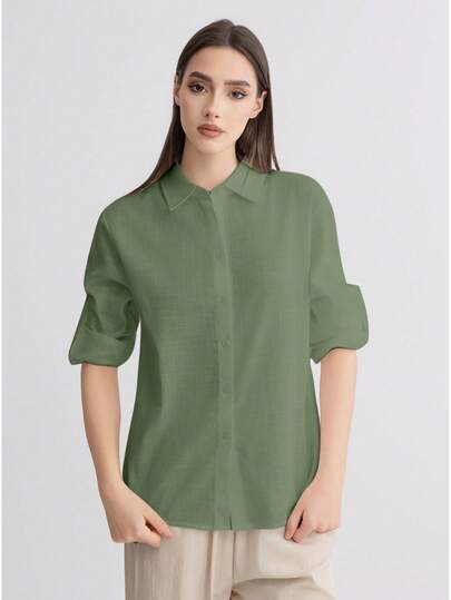 Camisa de lino informal de un solo color para mujer