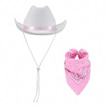 Adjustable Chin Strap Cowboy Hats Cowgirl Hat With Scarf For Women Girls Cowboy Costume Theme Party - 白色帽子粉紅色絲帶 - 查看 1