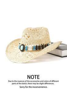 1pc Zirconia Chain Decor Breathable Hollow Out Cowboy Hat, Unisex Fashion Personalized Summer Sun Hat, Suitable For Beach, Vacation, Daily Wear
