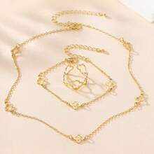 1 Set: 1 Necklace, 1 Bracelet, 1 Ring Hollow Flower Clover Metal Jewelry Set, Elegant And Graceful Jewelry Gift For Women