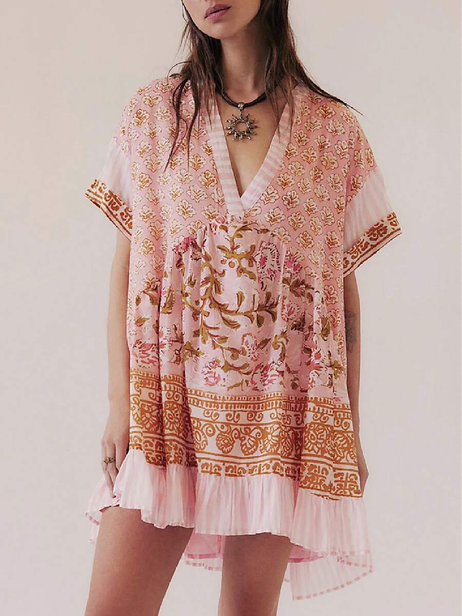 Women's Boho Mini Dress Y2k Floral Deep V-Neck Puff Sleeve Short Dresses Summer Causal Flowy Beach Sundress - 淺粉色 - 查看 1
