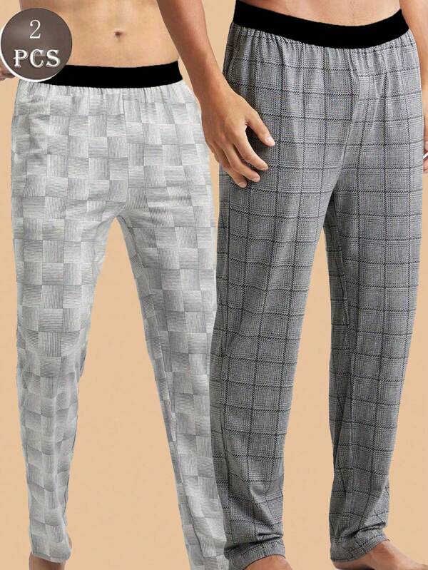 2pcs Men's Plaid Print Thin Casual Lounge Pants, Comfortable Home Wear For Summer