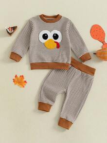 Toddler Girls Boys Halloween Outfits Pumpkin/Ghost/Tree/Turkey Embroidery Sweatshirts And Long Pants 2Pcs Clothes Set - Brown - View 6