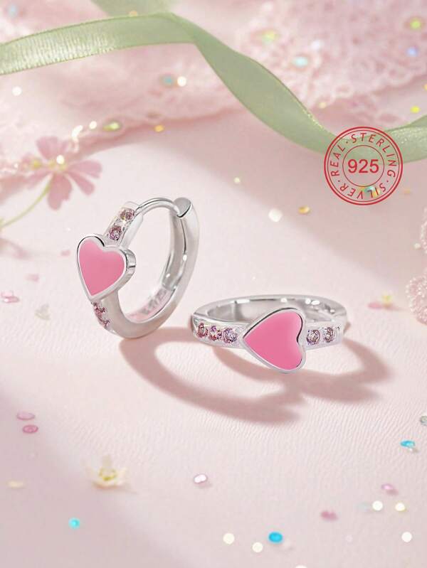 Artepollo 1 Paar hypoallergene 925er Sterling Silber Rosa Herz Creolen mit kubischen Zirkonias, süß und elegant, Geschenkverpackung, Geschenk für Kinder, Kleine Mädchen, Freunde Geburtstag