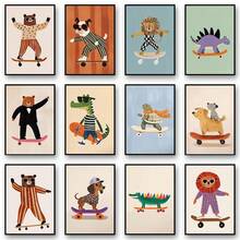 1PC Optional Frame Modern Funny Animals Rabbit Dog Bear Cat Lion Skateboard Posters Prints Crocodile Wall Arts Canvas Room Decor ,Wall Art With Frame - Multicolor - View 2
