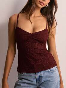 Women's Lace Cami Tops Sleeveless Spaghetti Strap Ruched Front Camisole Slim Fit Tank Tops - Burgundy - View 1